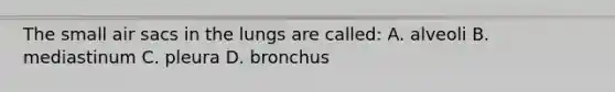 The small air sacs in the lungs are called: A. alveoli B. mediastinum C. pleura D. bronchus