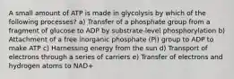 A small amount of ATP is made in glycolysis by which of the following processes? a) Transfer of a phosphate group from a fragment of glucose to ADP by substrate-level phosphorylation b) Attachment of a free inorganic phosphate (Pi) group to ADP to make ATP c) Harnessing energy from the sun d) Transport of electrons through a series of carriers e) Transfer of electrons and hydrogen atoms to NAD+