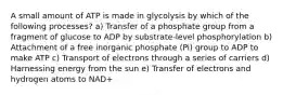 A small amount of ATP is made in glycolysis by which of the following processes? a) Transfer of a phosphate group from a fragment of glucose to ADP by substrate-level phosphorylation b) Attachment of a free inorganic phosphate (Pi) group to ADP to make ATP c) Transport of electrons through a series of carriers d) Harnessing energy from the sun e) Transfer of electrons and hydrogen atoms to NAD+