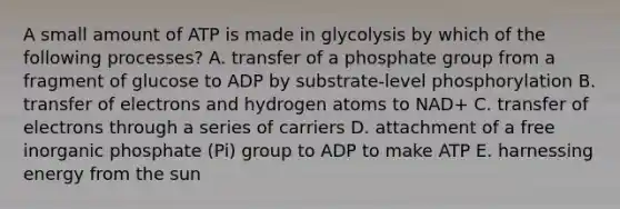 A small amount of ATP is made in glycolysis by which of the following processes? A. transfer of a phosphate group from a fragment of glucose to ADP by substrate-level phosphorylation B. transfer of electrons and hydrogen atoms to NAD+ C. transfer of electrons through a series of carriers D. attachment of a free inorganic phosphate (Pi) group to ADP to make ATP E. harnessing energy from the sun