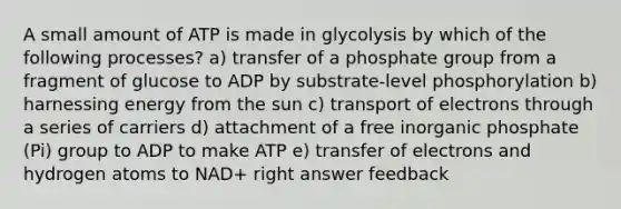 A small amount of ATP is made in glycolysis by which of the following processes? a) transfer of a phosphate group from a fragment of glucose to ADP by substrate-level phosphorylation b) harnessing energy from the sun c) transport of electrons through a series of carriers d) attachment of a free inorganic phosphate (Pi) group to ADP to make ATP e) transfer of electrons and hydrogen atoms to NAD+ right answer feedback