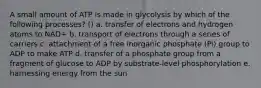 A small amount of ATP is made in glycolysis by which of the following processes? () a. transfer of electrons and hydrogen atoms to NAD+ b. transport of electrons through a series of carriers c. attachment of a free inorganic phosphate (Pi) group to ADP to make ATP d. transfer of a phosphate group from a fragment of glucose to ADP by substrate-level phosphorylation e. harnessing energy from the sun