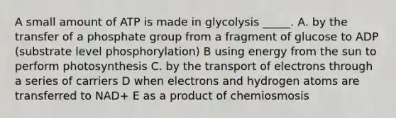 A small amount of ATP is made in glycolysis _____. A. by the transfer of a phosphate group from a fragment of glucose to ADP (substrate level phosphorylation) B using energy from the sun to perform photosynthesis C. by the transport of electrons through a series of carriers D when electrons and hydrogen atoms are transferred to NAD+ E as a product of chemiosmosis