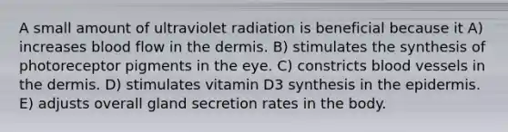 A small amount of ultraviolet radiation is beneficial because it A) increases blood flow in the dermis. B) stimulates the synthesis of photoreceptor pigments in the eye. C) constricts blood vessels in the dermis. D) stimulates vitamin D3 synthesis in the epidermis. E) adjusts overall gland secretion rates in the body.