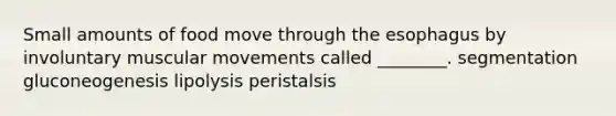 Small amounts of food move through <a href='https://www.questionai.com/knowledge/kSjVhaa9qF-the-esophagus' class='anchor-knowledge'>the esophagus</a> by involuntary muscular movements called ________. segmentation gluconeogenesis lipolysis peristalsis