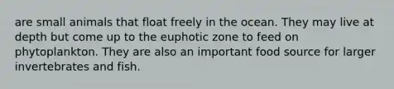 are small animals that float freely in the ocean. They may live at depth but come up to the euphotic zone to feed on phytoplankton. They are also an important food source for larger invertebrates and fish.