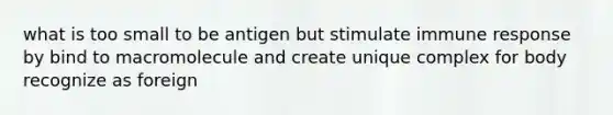 what is too small to be antigen but stimulate immune response by bind to macromolecule and create unique complex for body recognize as foreign