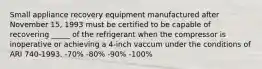 Small appliance recovery equipment manufactured after November 15, 1993 must be certified to be capable of recovering _____ of the refrigerant when the compressor is inoperative or achieving a 4-inch vaccum under the conditions of ARI 740-1993. -70% -80% -90% -100%