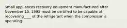 Small appliances recovery equipment manufactured after November 15, 1993 must be certified to be capable of recovering____ of the refrigerant when the compressor is operating