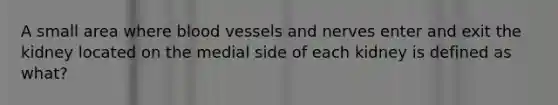 A small area where <a href='https://www.questionai.com/knowledge/kZJ3mNKN7P-blood-vessels' class='anchor-knowledge'>blood vessels</a> and nerves enter and exit the kidney located on the medial side of each kidney is defined as what?