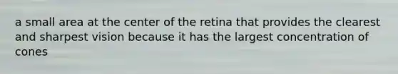 a small area at the center of the retina that provides the clearest and sharpest vision because it has the largest concentration of cones