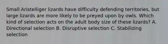 Small Aristelliger lizards have difficulty defending territories, but large lizards are more likely to be preyed upon by owls. Which kind of selection acts on the adult body size of these lizards? A. Directional selection B. Disruptive selection C. Stabilizing selection