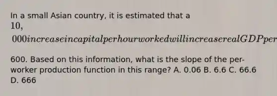 In a small Asian​ country, it is estimated that a​ 10,000 increase in capital per hour worked will increase real GDP per hour worked by​600. Based on this​ information, what is the slope of the per-worker production function in this​ range? A. 0.06 B. 6.6 C. 66.6 D. 666