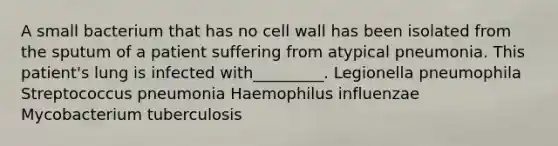 A small bacterium that has no cell wall has been isolated from the sputum of a patient suffering from atypical pneumonia. This patient's lung is infected with_________. Legionella pneumophila Streptococcus pneumonia Haemophilus influenzae Mycobacterium tuberculosis