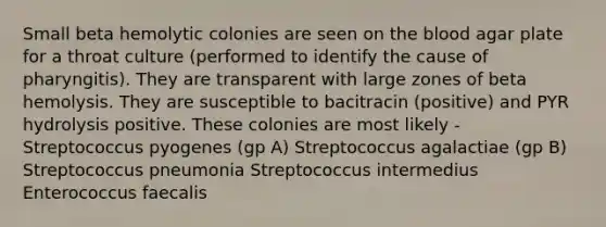 Small beta hemolytic colonies are seen on the blood agar plate for a throat culture (performed to identify the cause of pharyngitis). They are transparent with large zones of beta hemolysis. They are susceptible to bacitracin (positive) and PYR hydrolysis positive. These colonies are most likely - Streptococcus pyogenes (gp A) Streptococcus agalactiae (gp B) Streptococcus pneumonia Streptococcus intermedius Enterococcus faecalis