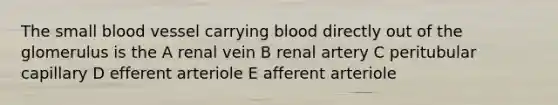 The small blood vessel carrying blood directly out of the glomerulus is the A renal vein B renal artery C peritubular capillary D efferent arteriole E afferent arteriole