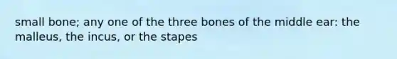 small bone; any one of the three bones of the middle ear: the malleus, the incus, or the stapes