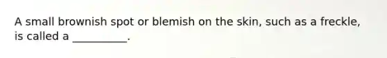 A small brownish spot or blemish on the skin, such as a freckle, is called a __________.