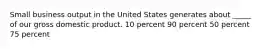 Small business output in the United States generates about _____ of our gross domestic product. 10 percent 90 percent 50 percent 75 percent