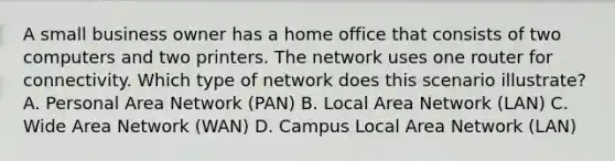 A small business owner has a home office that consists of two computers and two printers. The network uses one router for connectivity. Which type of network does this scenario illustrate? A. Personal Area Network (PAN) B. Local Area Network (LAN) C. Wide Area Network (WAN) D. Campus Local Area Network (LAN)