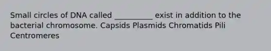 Small circles of DNA called __________ exist in addition to the bacterial chromosome. Capsids Plasmids Chromatids Pili Centromeres