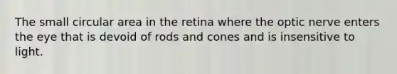 The small circular area in the retina where the optic nerve enters the eye that is devoid of rods and cones and is insensitive to light.