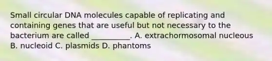 Small circular DNA molecules capable of replicating and containing genes that are useful but not necessary to the bacterium are called __________. A. extrachormosomal nucleous B. nucleoid C. plasmids D. phantoms