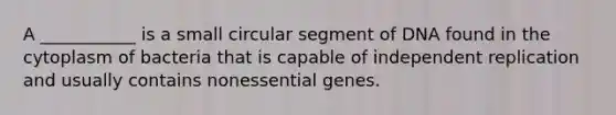 A ___________ is a small circular segment of DNA found in the cytoplasm of bacteria that is capable of independent replication and usually contains nonessential genes.