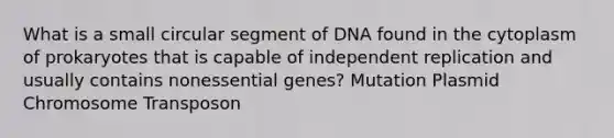 What is a small circular segment of DNA found in the cytoplasm of prokaryotes that is capable of independent replication and usually contains nonessential genes? Mutation Plasmid Chromosome Transposon