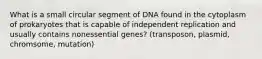 What is a small circular segment of DNA found in the cytoplasm of prokaryotes that is capable of independent replication and usually contains nonessential genes? (transposon, plasmid, chromsome, mutation)