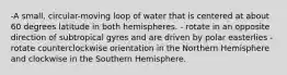 -A small, circular-moving loop of water that is centered at about 60 degrees latitude in both hemispheres. - rotate in an opposite direction of subtropical gyres and are driven by polar easterlies -rotate counterclockwise orientation in the Northern Hemisphere and clockwise in the Southern Hemisphere.