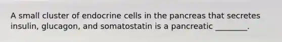 A small cluster of endocrine cells in the pancreas that secretes insulin, glucagon, and somatostatin is a pancreatic ________.