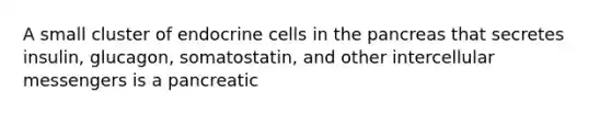 A small cluster of endocrine cells in the pancreas that secretes insulin, glucagon, somatostatin, and other intercellular messengers is a pancreatic