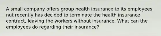 A small company offers group health insurance to its employees, nut recently has decided to terminate the health insurance contract, leaving the workers without insurance. What can the employees do regarding their insurance?