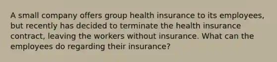 A small company offers group health insurance to its employees, but recently has decided to terminate the health insurance contract, leaving the workers without insurance. What can the employees do regarding their insurance?