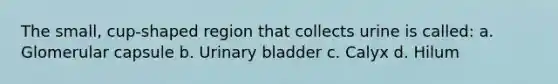 The small, cup-shaped region that collects urine is called: a. Glomerular capsule b. Urinary bladder c. Calyx d. Hilum