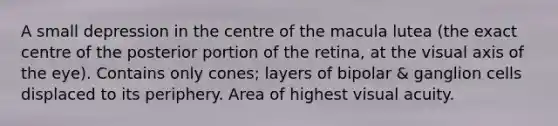 A small depression in the centre of the macula lutea (the exact centre of the posterior portion of the retina, at the visual axis of the eye). Contains only cones; layers of bipolar & ganglion cells displaced to its periphery. Area of highest visual acuity.