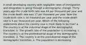 A small developing country with negligible rates of immigration and emigration is going through a demographic change. Thirty years ago the crude birth rate was 44 per thousand per year and the crude death rate was 17 per thousand per year. Now the crude birth rate is 16 thousand per year and the crude death rate is 5 per thousand per year. Which of the following statements about the country now is most likely to be true? a. The country is at the industrial stage of the demographic transition. b. The growth rate of the population is increasing. c. The country is at the postindustrial stage of the demographic transition. d. The country is at the preindustrial stage of the demographic transition. e. The population is decreasing.