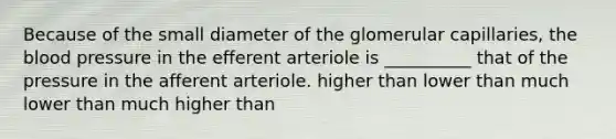 Because of the small diameter of the glomerular capillaries, the blood pressure in the efferent arteriole is __________ that of the pressure in the afferent arteriole. higher than lower than much lower than much higher than