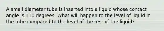 A small diameter tube is inserted into a liquid whose contact angle is 110 degrees. What will happen to the level of liquid in the tube compared to the level of the rest of the liquid?