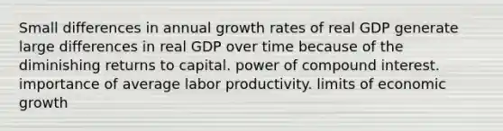 Small differences in annual growth rates of real GDP generate large differences in real GDP over time because of the diminishing returns to capital. power of compound interest. importance of average labor productivity. limits of economic growth