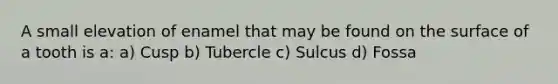 A small elevation of enamel that may be found on the surface of a tooth is a: a) Cusp b) Tubercle c) Sulcus d) Fossa