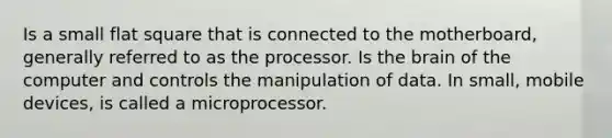 Is a small flat square that is connected to the motherboard, generally referred to as the processor. Is the brain of the computer and controls the manipulation of data. In small, mobile devices, is called a microprocessor.