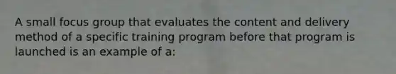 A small focus group that evaluates the content and delivery method of a specific training program before that program is launched is an example of a: