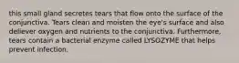 this small gland secretes tears that flow onto the surface of the conjunctiva. Tears clean and moisten the eye's surface and also deliever oxygen and nutrients to the conjunctiva. Furthermore, tears contain a bacterial enzyme called LYSOZYME that helps prevent infection.