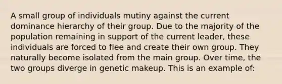 A small group of individuals mutiny against the current dominance hierarchy of their group. Due to the majority of the population remaining in support of the current leader, these individuals are forced to flee and create their own group. They naturally become isolated from the main group. Over time, the two groups diverge in genetic makeup. This is an example of: