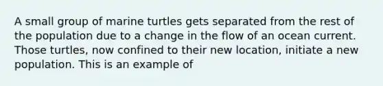 A small group of marine turtles gets separated from the rest of the population due to a change in the flow of an ocean current. Those turtles, now confined to their new location, initiate a new population. This is an example of