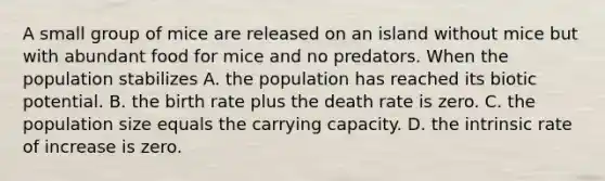 A small group of mice are released on an island without mice but with abundant food for mice and no predators. When the population stabilizes A. the population has reached its biotic potential. B. the birth rate plus the death rate is zero. C. the population size equals the carrying capacity. D. the intrinsic rate of increase is zero.