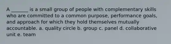 A _______ is a small group of people with complementary skills who are committed to a common purpose, performance goals, and approach for which they hold themselves mutually accountable. a. quality circle b. group c. panel d. collaborative unit e. team