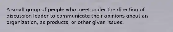 A small group of people who meet under the direction of discussion leader to communicate their opinions about an organization, as products, or other given issues.